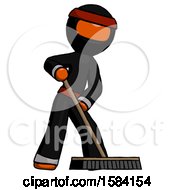Poster, Art Print Of Orange Ninja Warrior Man Cleaning Services Janitor Sweeping Floor With Push Broom