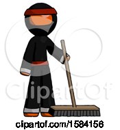 Orange Ninja Warrior Man Standing With Industrial Broom