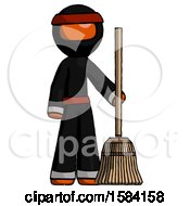 Poster, Art Print Of Orange Ninja Warrior Man Standing With Broom Cleaning Services