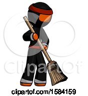 Poster, Art Print Of Orange Ninja Warrior Man Sweeping Area With Broom