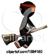 Orange Ninja Warrior Man Flying On Broom