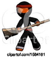Orange Ninja Warrior Man Broom Fighter Defense Pose