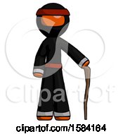 Orange Ninja Warrior Man Standing With Hiking Stick