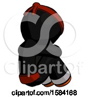 Poster, Art Print Of Orange Ninja Warrior Man Sitting With Head Down Back View Facing Right