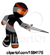 Poster, Art Print Of Orange Ninja Warrior Man Sword Pose Stabbing Or Jabbing