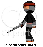 Poster, Art Print Of Orange Ninja Warrior Man With Sword Walking Confidently