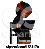 Poster, Art Print Of Orange Ninja Warrior Man Using Laptop Computer While Sitting In Chair Angled Right