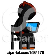 Poster, Art Print Of Orange Ninja Warrior Man Using Laptop Computer While Sitting In Chair View From Back