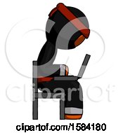 Poster, Art Print Of Orange Ninja Warrior Man Using Laptop Computer While Sitting In Chair View From Side