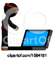 Poster, Art Print Of Orange Ninja Warrior Man Using Large Laptop Computer Side Orthographic View