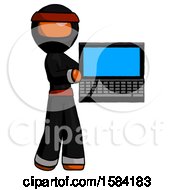 Orange Ninja Warrior Man Holding Laptop Computer Presenting Something On Screen
