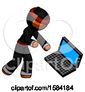 Poster, Art Print Of Orange Ninja Warrior Man Throwing Laptop Computer In Frustration