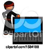 Orange Ninja Warrior Man Beside Large Laptop Computer Leaning Against It