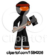 Orange Ninja Warrior Man With Sledgehammer Standing Ready To Work Or Defend