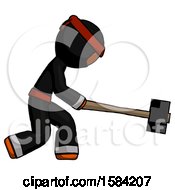 Poster, Art Print Of Orange Ninja Warrior Man Hitting With Sledgehammer Or Smashing Something