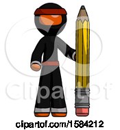 Orange Ninja Warrior Man With Large Pencil Standing Ready To Write