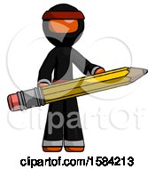 Orange Ninja Warrior Man Writer Or Blogger Holding Large Pencil