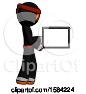Poster, Art Print Of Orange Ninja Warrior Man Show Tablet Device Computer To Viewer Blank Area