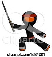 Poster, Art Print Of Orange Ninja Warrior Man With Ninja Sword Katana In Defense Pose