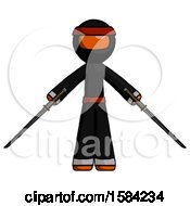 Poster, Art Print Of Orange Ninja Warrior Man Posing With Two Ninja Sword Katanas