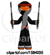Poster, Art Print Of Orange Ninja Warrior Man Posing With Two Ninja Sword Katanas Up