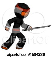Poster, Art Print Of Orange Ninja Warrior Man Stabbing With Ninja Sword Katana