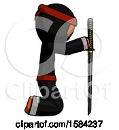 Poster, Art Print Of Orange Ninja Warrior Man Kneeling With Ninja Sword Katana Showing Respect