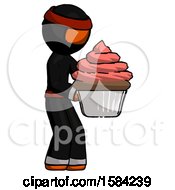 Poster, Art Print Of Orange Ninja Warrior Man Holding Large Cupcake Ready To Eat Or Serve