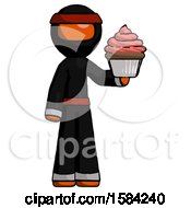 Poster, Art Print Of Orange Ninja Warrior Man Presenting Pink Cupcake To Viewer