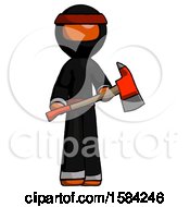 Poster, Art Print Of Orange Ninja Warrior Man Holding Red Fire Fighters Ax
