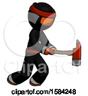 Poster, Art Print Of Orange Ninja Warrior Man With Ax Hitting Striking Or Chopping