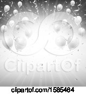 Clipart Of A Silver Burst Background With Party Balloons And Confetti Royalty Free Vector Illustration