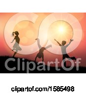Clipart Of Silhouetted Children Playing Against A Sunset Royalty Free Vector Illustration