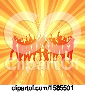 Clipart Of A Silhouetted Group Of Party People Over A Burst And Halftone Royalty Free Vector Illustration