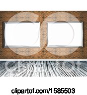 Poster, Art Print Of Brick Wall With 3d Blank Frames Over A Wood Floor