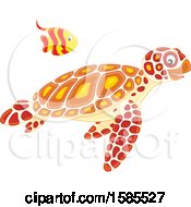 Poster, Art Print Of Swimming Fish Over A Sea Turtle