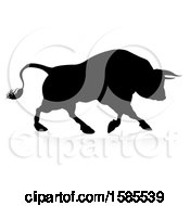 Poster, Art Print Of Silhouetted Black Bull Charging With A Shadow On A White Background