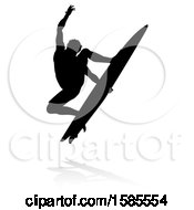 Clipart Of A Silhouetted Surfer With A Reflection Or Shadow On A White Background Royalty Free Vector Illustration