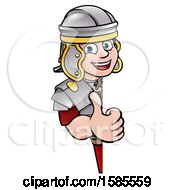 Clipart Of A Cartoon Happy Roman Soldier Giving A Thumb Up Around A Sign Royalty Free Vector Illustration