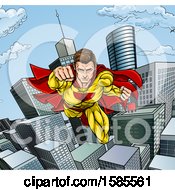 Poster, Art Print Of Pop Art Comic Male Super Hero Flying Forward Over A City