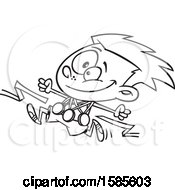 Clipart Of A Cartoon Line Art Competitive Athletic Boy Wearing Medals And Running Royalty Free Vector Illustration