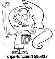 Clipart Of A Cartoon Line Art Girl Tossing A Piece Of Popcorn Into Her Mouth Royalty Free Vector Illustration