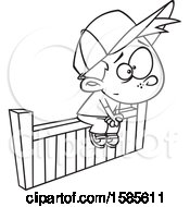 Clipart Of A Cartoon Line Art Boy Sitting On The Fence Royalty Free Vector Illustration by toonaday