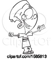 Clipart Of A Cartoon Line Art Boy Holding A License Royalty Free Vector Illustration