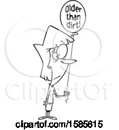 Clipart Of A Cartoon Line Art Woman Holding An Older Than Dirt Birthday Balloon Royalty Free Vector Illustration