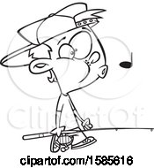 Clipart Of A Cartoon Line Art Boy Whistling And Carrying A Fishing Pole Royalty Free Vector Illustration