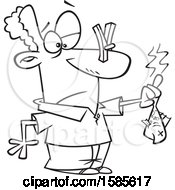 Clipart Of A Cartoon Line Art Black Man Holding A Stinky Fish Royalty Free Vector Illustration