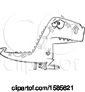 Clipart Of A Cartoon Line Art Bad Dinosaur Sitting On A Time Out Stool Royalty Free Vector Illustration by toonaday
