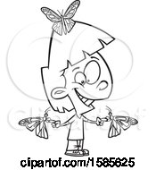 Clipart Of A Cartoon Line Art Girl With Butterflies Royalty Free Vector Illustration