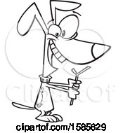 Clipart Of A Cartoon Line Art Dog Playing With A Stick Royalty Free Vector Illustration